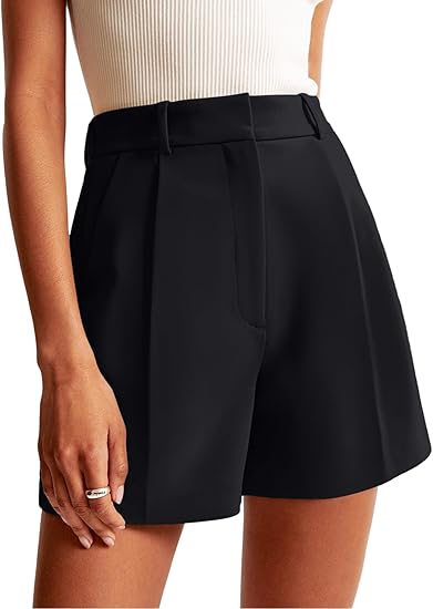 Womens Shorts Dressy High Waisted Wide Leg Tailored Shorts Pleated Business Casual Work Trouser Shorts Without Belts - Black
