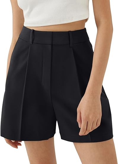 Womens Shorts Dressy High Waisted Wide Leg Tailored Shorts Pleated Business Casual Work Trouser Shorts Without Belts - Black