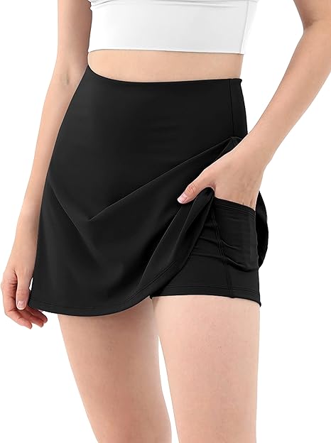 Women's Athletic Tennis Skorts with Pockets Built-in Shorts Golf Active Skirts for Sports Running Gym Training - Black