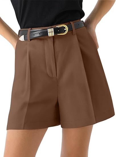 Womens Shorts Dressy High Waisted Wide Leg Tailored Shorts Pleated Business Casual Work Trouser Shorts Without Belts - Brown