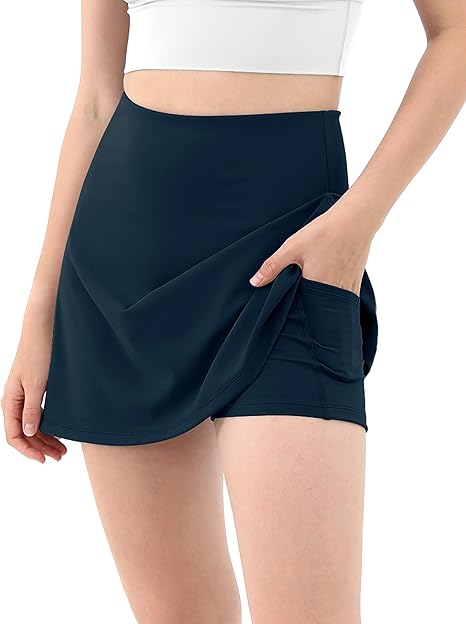 Women's Athletic Tennis Skorts with Pockets Built-in Shorts Golf Active Skirts for Sports Running Gym Training - Dark Blue
