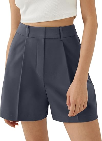 Womens Shorts Dressy High Waisted Wide Leg Tailored Shorts Pleated Business Casual Work Trouser Shorts Without Belts - Grey