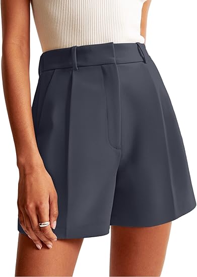 Womens Shorts Dressy High Waisted Wide Leg Tailored Shorts Pleated Business Casual Work Trouser Shorts Without Belts - Grey