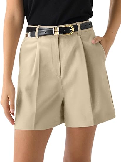Womens Shorts Dressy High Waisted Wide Leg Tailored Shorts Pleated Business Casual Work Trouser Shorts Without Belts - Beige