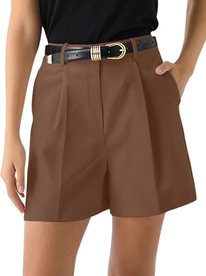 Womens Shorts Dressy High Waisted Wide Leg Tailored Shorts Pleated Business Casual Work Trouser Shorts Without Belts - Brown