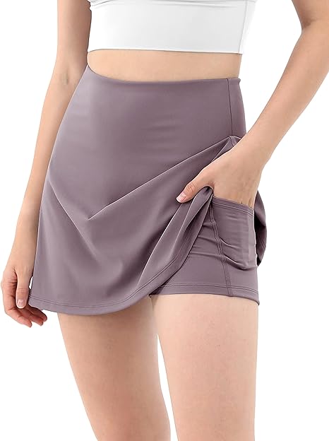 Women's Athletic Tennis Skorts with Pockets Built-in Shorts Golf Active Skirts for Sports Running Gym Training - Purple