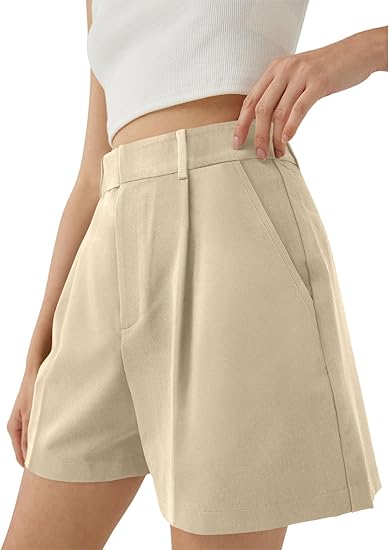 Womens Shorts Dressy High Waisted Wide Leg Tailored Shorts Pleated Business Casual Work Trouser Shorts Without Belts - Beige