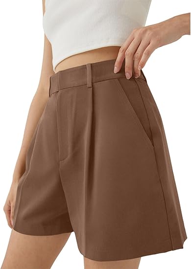 Womens Shorts Dressy High Waisted Wide Leg Tailored Shorts Pleated Business Casual Work Trouser Shorts Without Belts - Brown