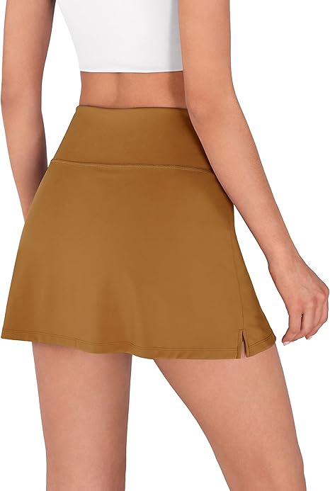 Women's Athletic Tennis Skorts with Pockets Built-in Shorts Golf Active Skirts for Sports Running Gym Training - Coffee