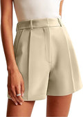 Womens Shorts Dressy High Waisted Wide Leg Tailored Shorts Pleated Business Casual Work Trouser Shorts Without Belts - Beige