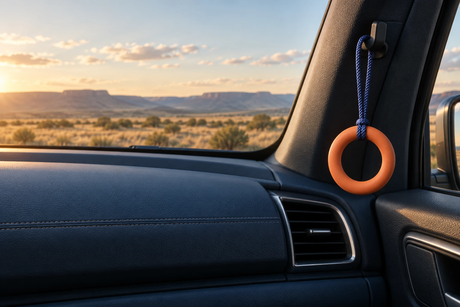 Canyon Loop ornament in a navy car interior overlooking open plains
